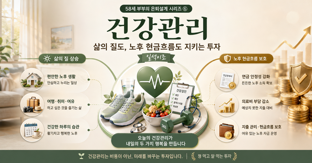 건강관리가 삶의 질과 노후 연금 현금흐름을 함께 지켜주는 효과를 설명한 이미지